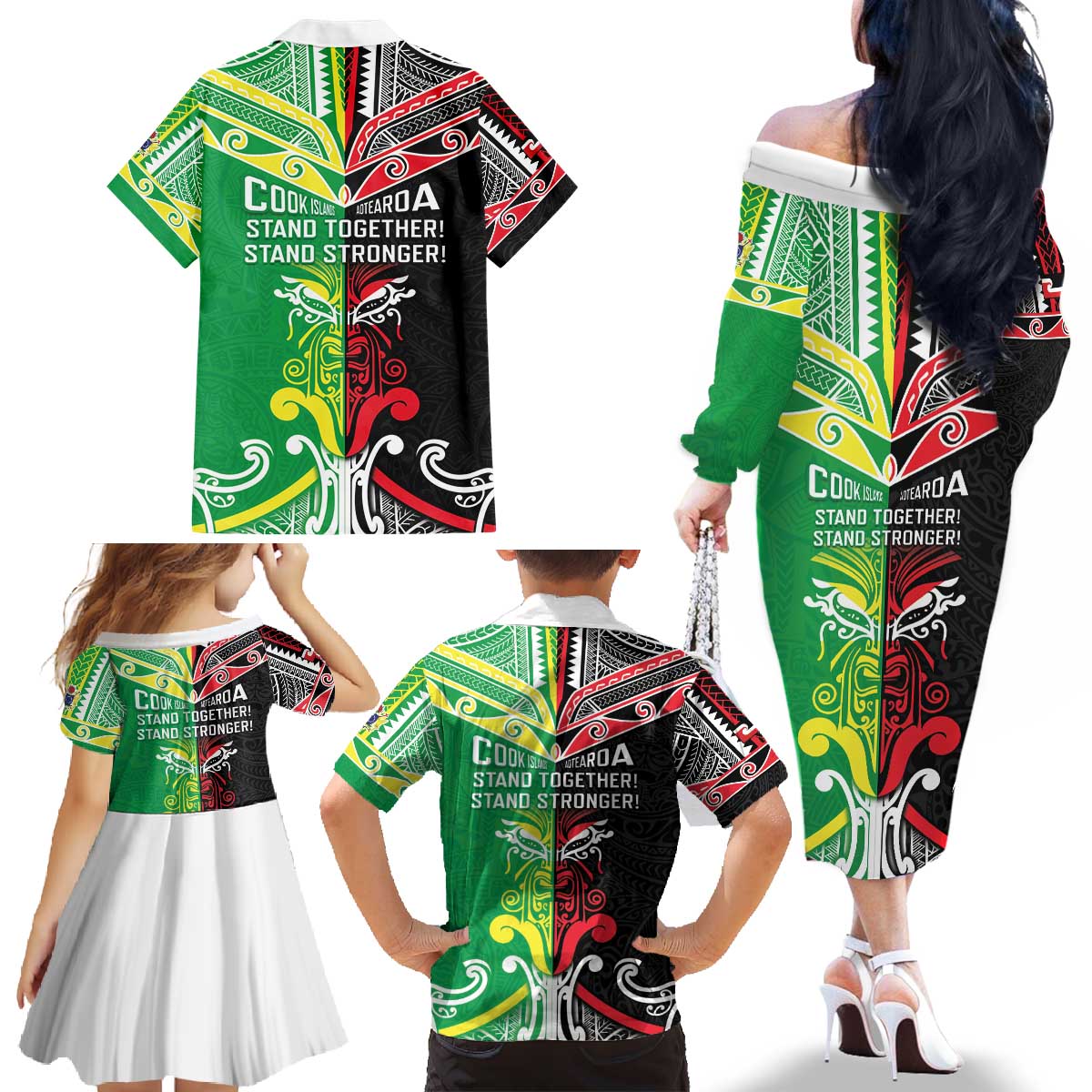 Cook Islands And Aotearoa Family Matching Off The Shoulder Long Sleeve Dress and Hawaiian Shirt Together For Te Tiriti O Waitangi LT05 - Polynesian Pride