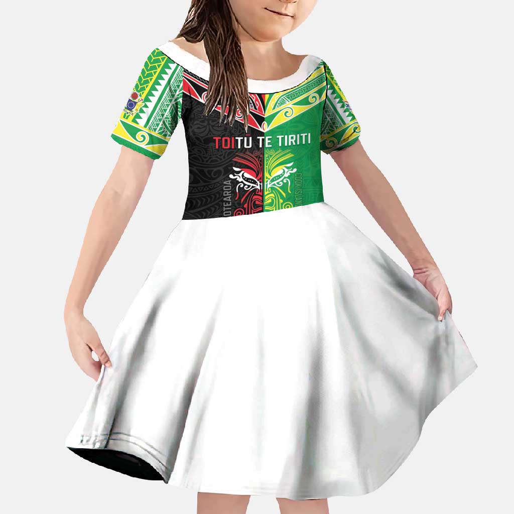 Cook Islands And Aotearoa Family Matching Off Shoulder Maxi Dress and Hawaiian Shirt Together For Te Tiriti O Waitangi LT05 Daughter's Dress Black - Polynesian Pride