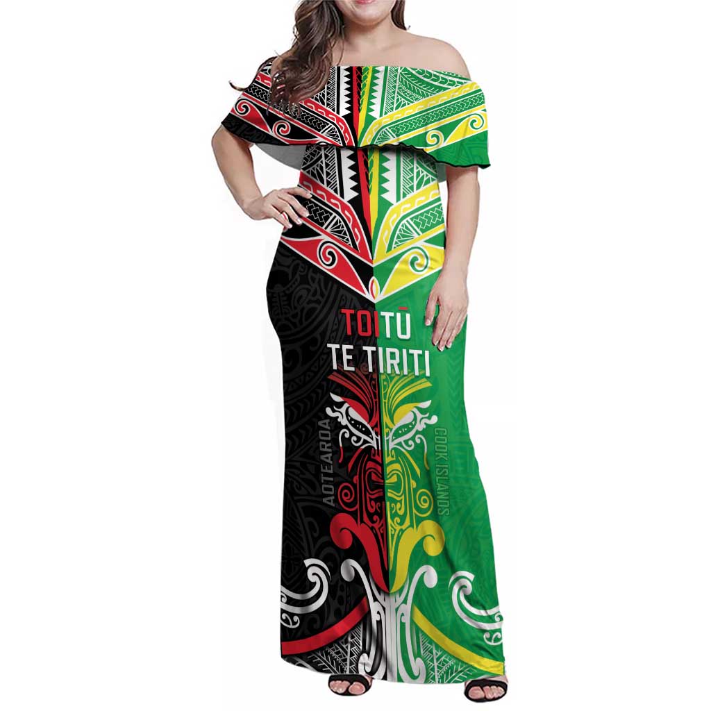 Cook Islands And Aotearoa Family Matching Off Shoulder Maxi Dress and Hawaiian Shirt Together For Te Tiriti O Waitangi LT05 Mom's Dress Black - Polynesian Pride