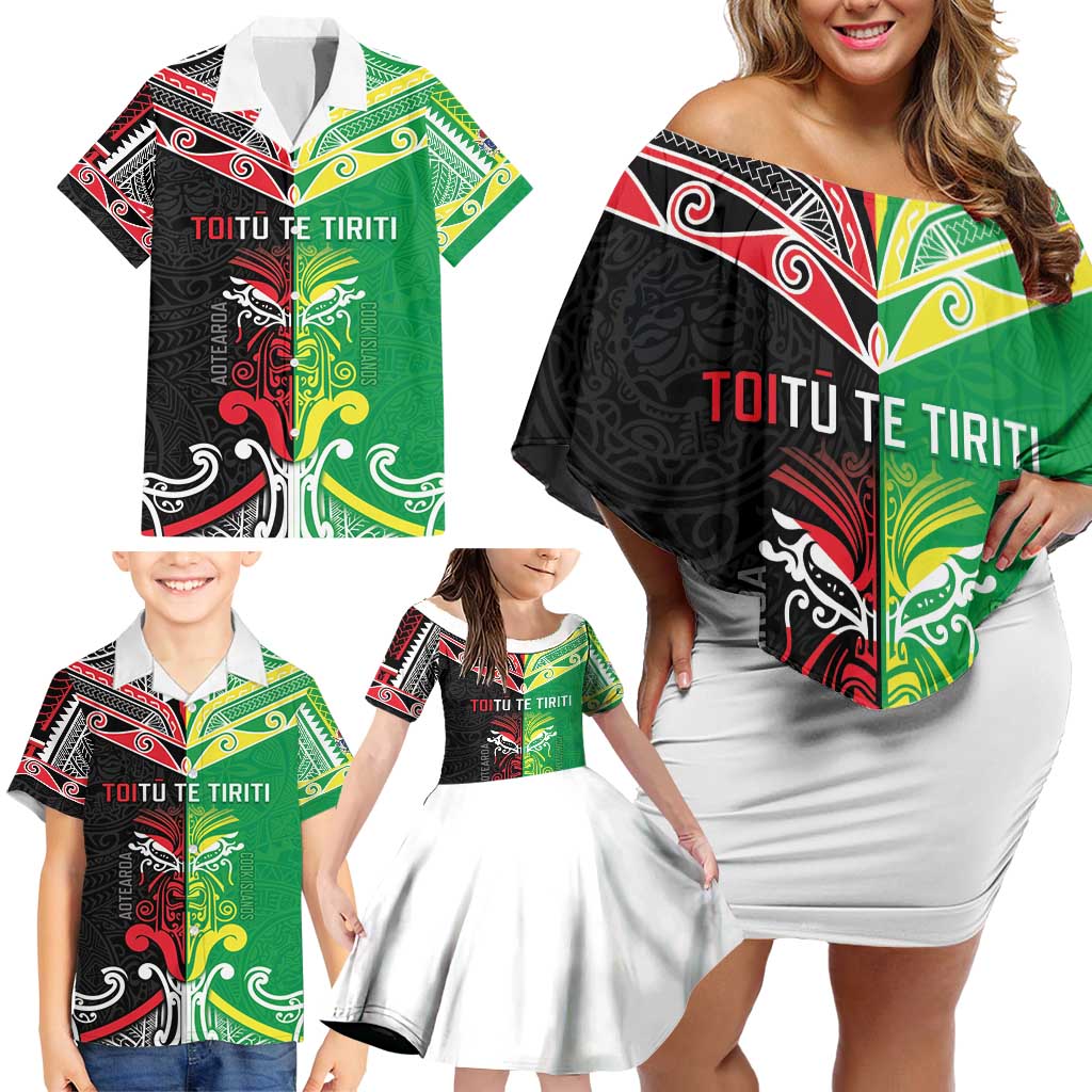 Cook Islands And Aotearoa Family Matching Off Shoulder Short Dress and Hawaiian Shirt Together For Te Tiriti O Waitangi LT05 - Polynesian Pride