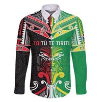 Cook Islands And Aotearoa Family Matching Off Shoulder Short Dress and Hawaiian Shirt Together For Te Tiriti O Waitangi LT05 Dad's Shirt - Long Sleeve Black - Polynesian Pride