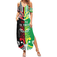Cook Islands And Aotearoa Family Matching Summer Maxi Dress and Hawaiian Shirt Together For Te Tiriti O Waitangi LT05 Mom's Dress Black - Polynesian Pride