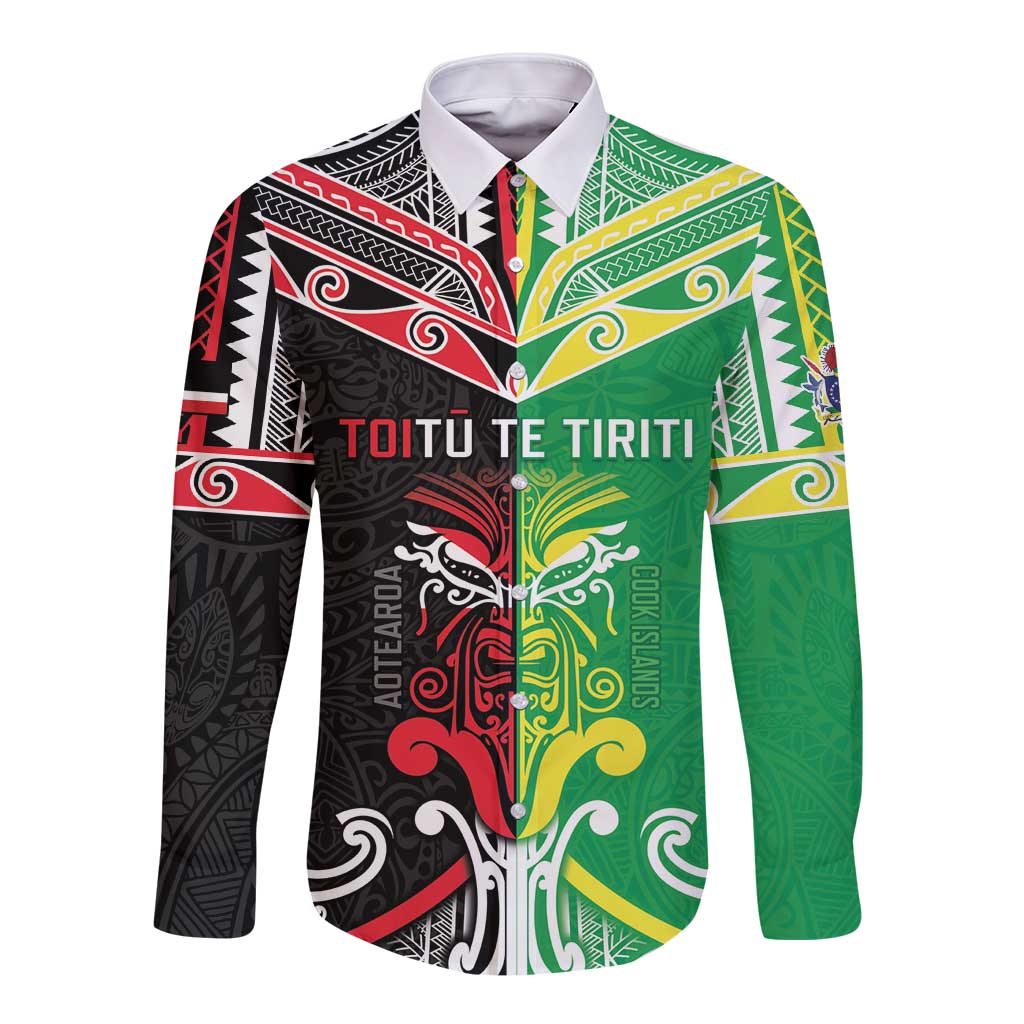 Cook Islands And Aotearoa Long Sleeve Button Shirt Together For Te Tiriti O Waitangi LT05 Unisex Black - Polynesian Pride