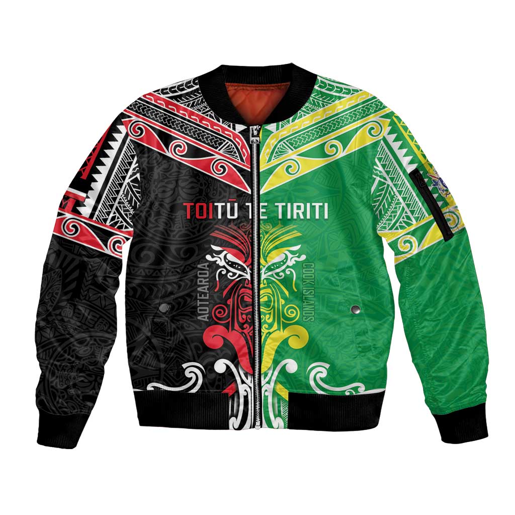 Cook Islands And Aotearoa Sleeve Zip Bomber Jacket Together For Te Tiriti O Waitangi