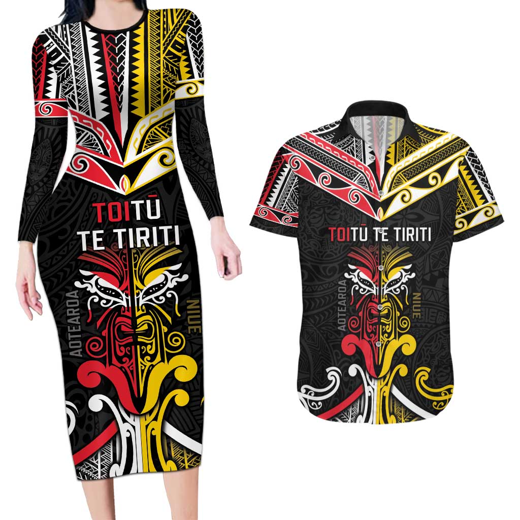 Niue And Aotearoa Couples Matching Long Sleeve Bodycon Dress and Hawaiian Shirt Together For Te Tiriti O Waitangi