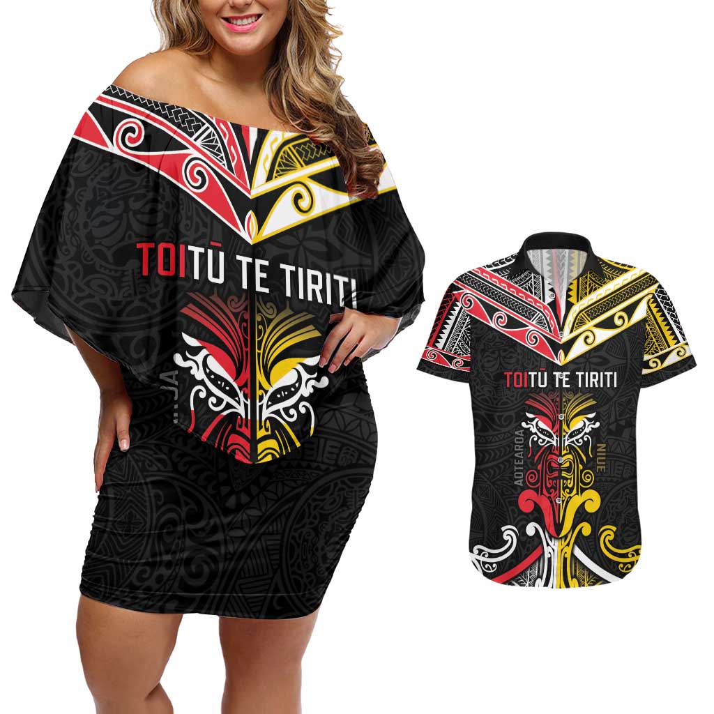 Niue And Aotearoa Couples Matching Off Shoulder Short Dress and Hawaiian Shirt Together For Te Tiriti O Waitangi