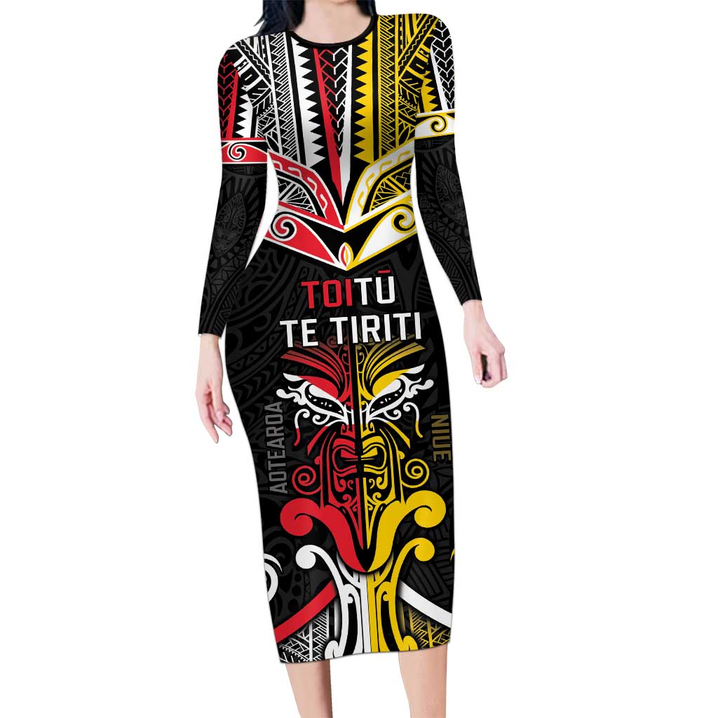 Niue And Aotearoa Long Sleeve Bodycon Dress Together For Te Tiriti O Waitangi