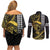 Hawaii Ikaika Warrior Helmet Couples Matching Off Shoulder Short Dress and Long Sleeve Button Shirt Gold Style