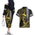 Hawaii Ikaika Warrior Helmet Couples Matching Off The Shoulder Long Sleeve Dress and Hawaiian Shirt Gold Style