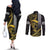 Hawaii Ikaika Warrior Helmet Couples Matching Off The Shoulder Long Sleeve Dress and Long Sleeve Button Shirt Gold Style