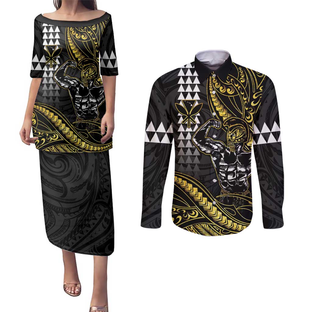 Hawaii Ikaika Warrior Helmet Couples Matching Puletasi and Long Sleeve Button Shirt Gold Style