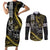 Hawaii Ikaika Warrior Helmet Couples Matching Short Sleeve Bodycon Dress and Long Sleeve Button Shirt Gold Style