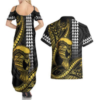 Hawaii Ikaika Warrior Helmet Couples Matching Summer Maxi Dress and Hawaiian Shirt Gold Style