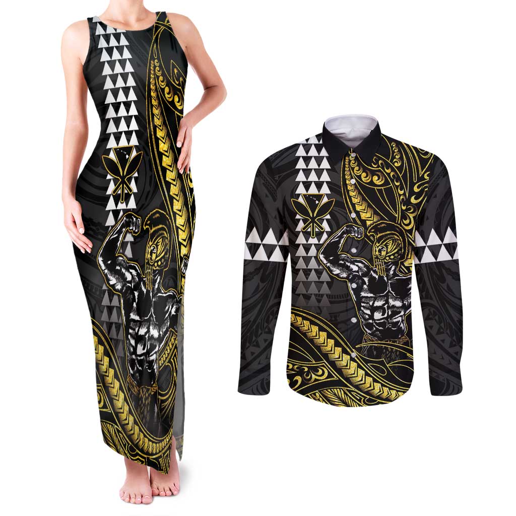 Hawaii Ikaika Warrior Helmet Couples Matching Tank Maxi Dress and Long Sleeve Button Shirt Gold Style