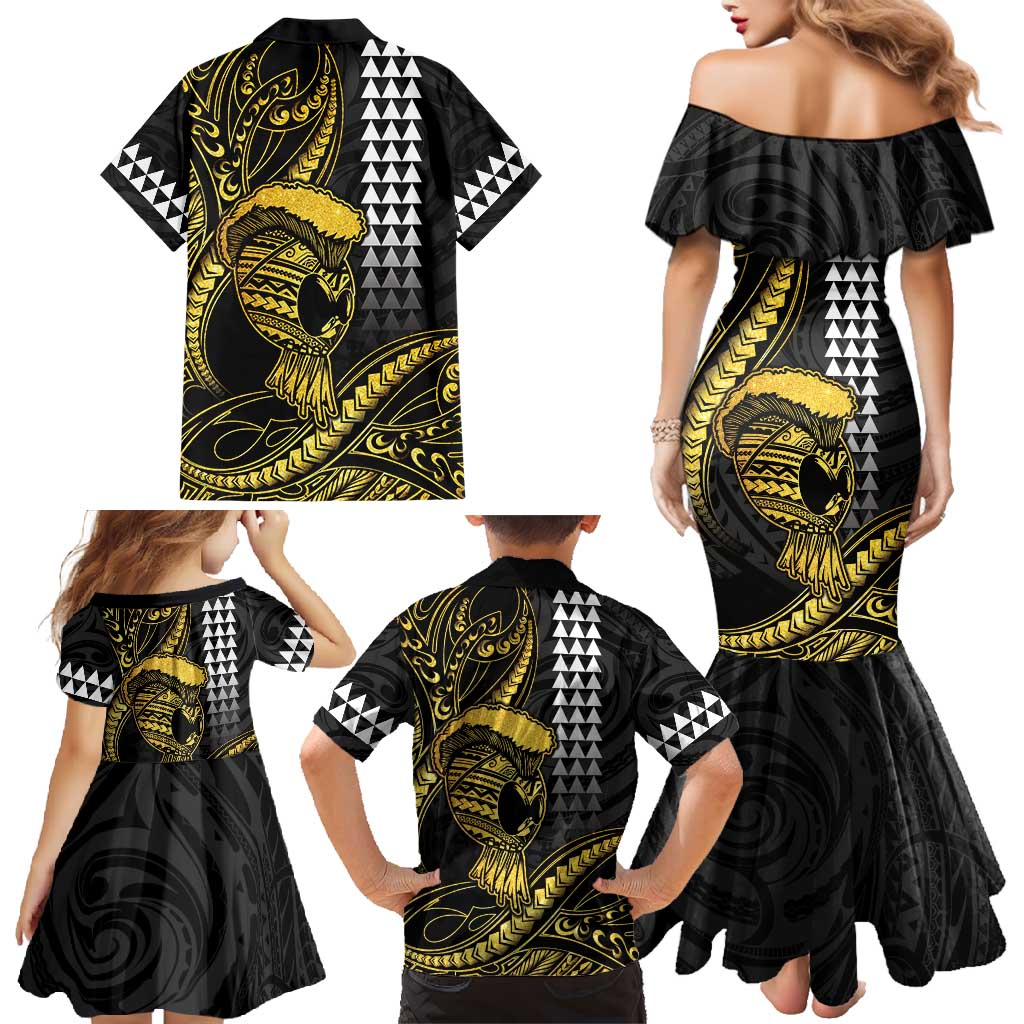 Hawaii Ikaika Warrior Helmet Family Matching Mermaid Dress and Hawaiian Shirt Gold Style