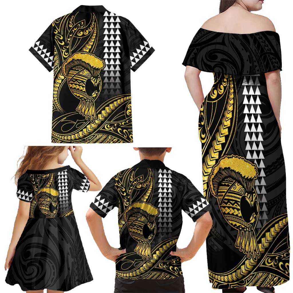 Hawaii Ikaika Warrior Helmet Family Matching Off Shoulder Maxi Dress and Hawaiian Shirt Gold Style