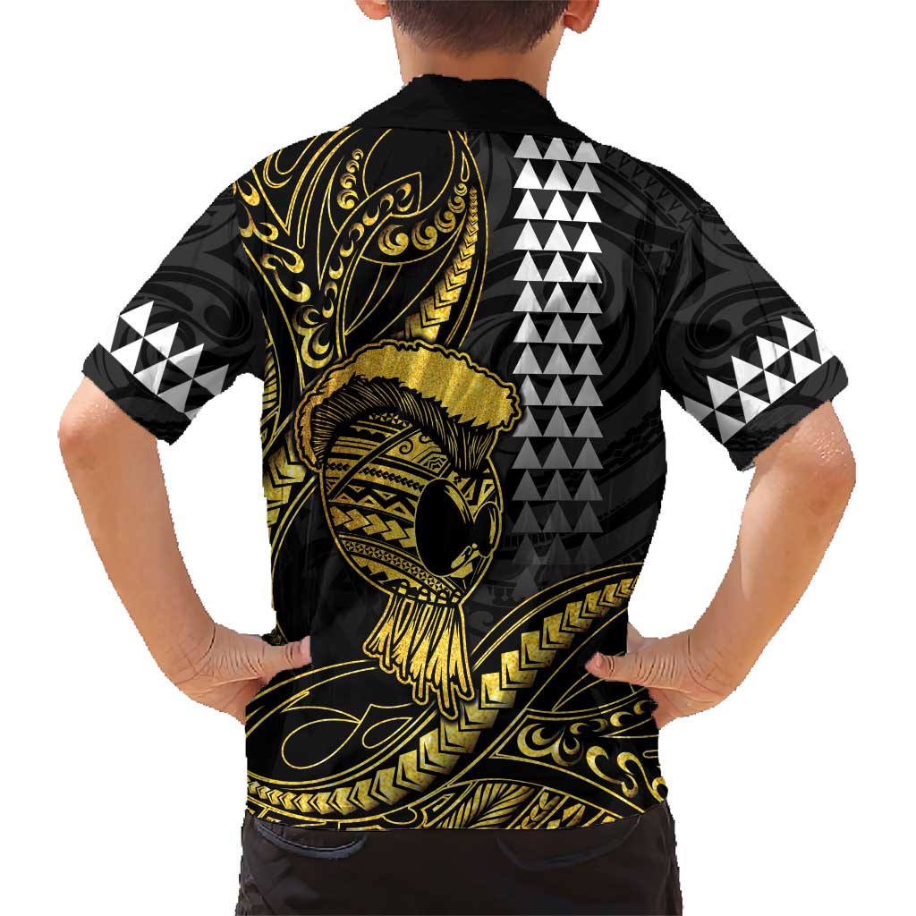 Hawaii Ikaika Warrior Helmet Family Matching Short Sleeve Bodycon Dress and Hawaiian Shirt Gold Style