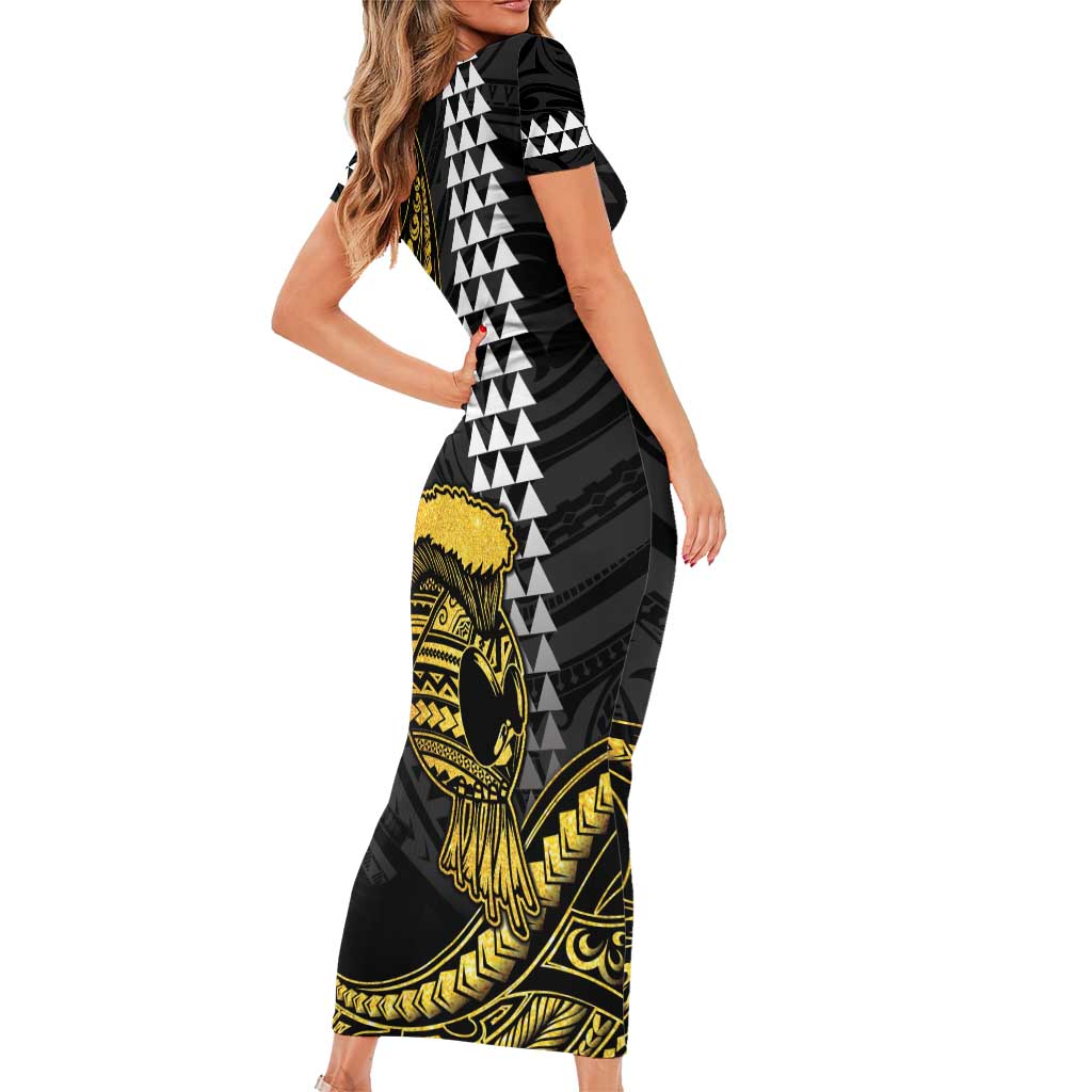 Hawaii Ikaika Warrior Helmet Family Matching Short Sleeve Bodycon Dress and Hawaiian Shirt Gold Style