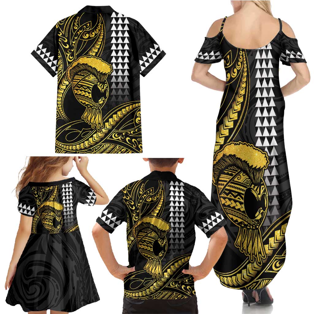 Hawaii Ikaika Warrior Helmet Family Matching Summer Maxi Dress and Hawaiian Shirt Gold Style