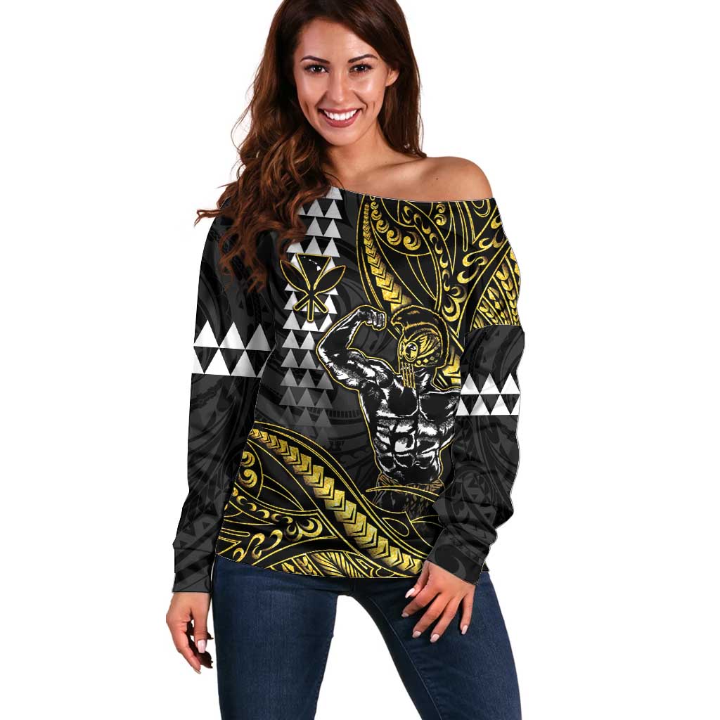 Hawaii Ikaika Warrior Helmet Off Shoulder Sweater Gold Style