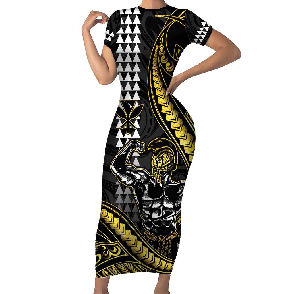 Hawaii Ikaika Warrior Helmet Short Sleeve Bodycon Dress Gold Style