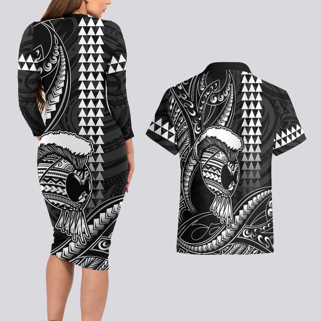 Hawaii Ikaika Warrior Helmet Couples Matching Long Sleeve Bodycon Dress and Hawaiian Shirt Black Tribal Tattoo