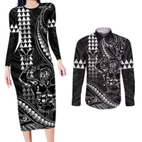 Hawaii Ikaika Warrior Helmet Couples Matching Long Sleeve Bodycon Dress and Long Sleeve Button Shirt Black Tribal Tattoo