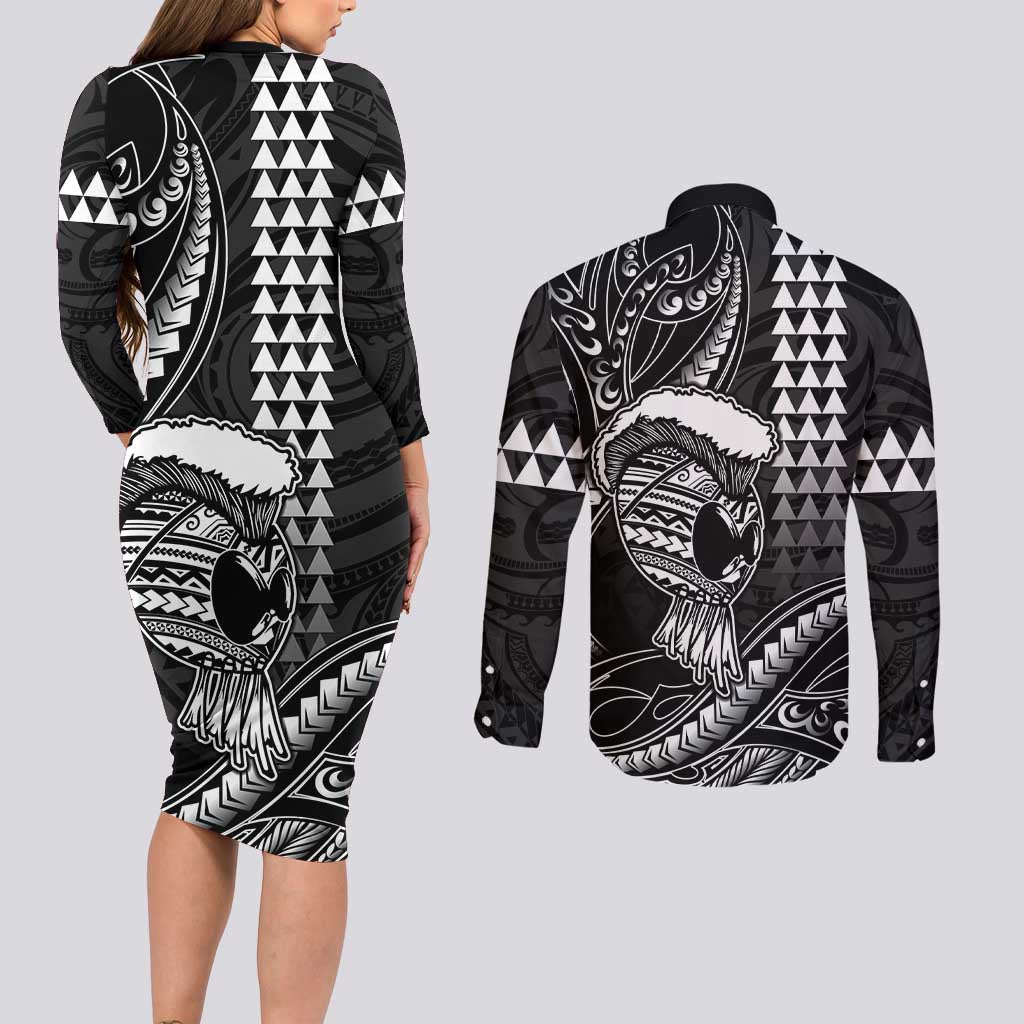 Hawaii Ikaika Warrior Helmet Couples Matching Long Sleeve Bodycon Dress and Long Sleeve Button Shirt Black Tribal Tattoo