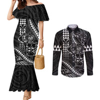 Hawaii Ikaika Warrior Helmet Couples Matching Mermaid Dress and Long Sleeve Button Shirt Black Tribal Tattoo