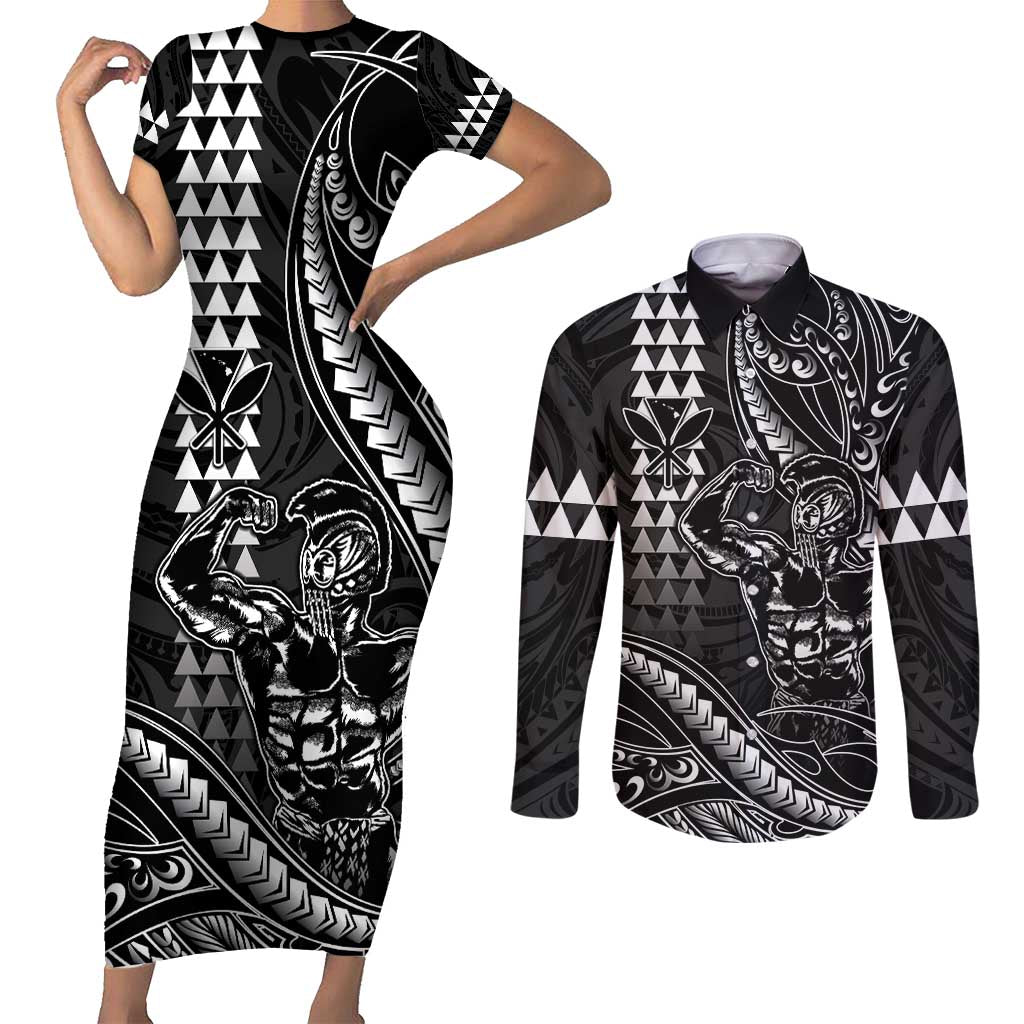 Hawaii Ikaika Warrior Helmet Couples Matching Short Sleeve Bodycon Dress and Long Sleeve Button Shirt Black Tribal Tattoo