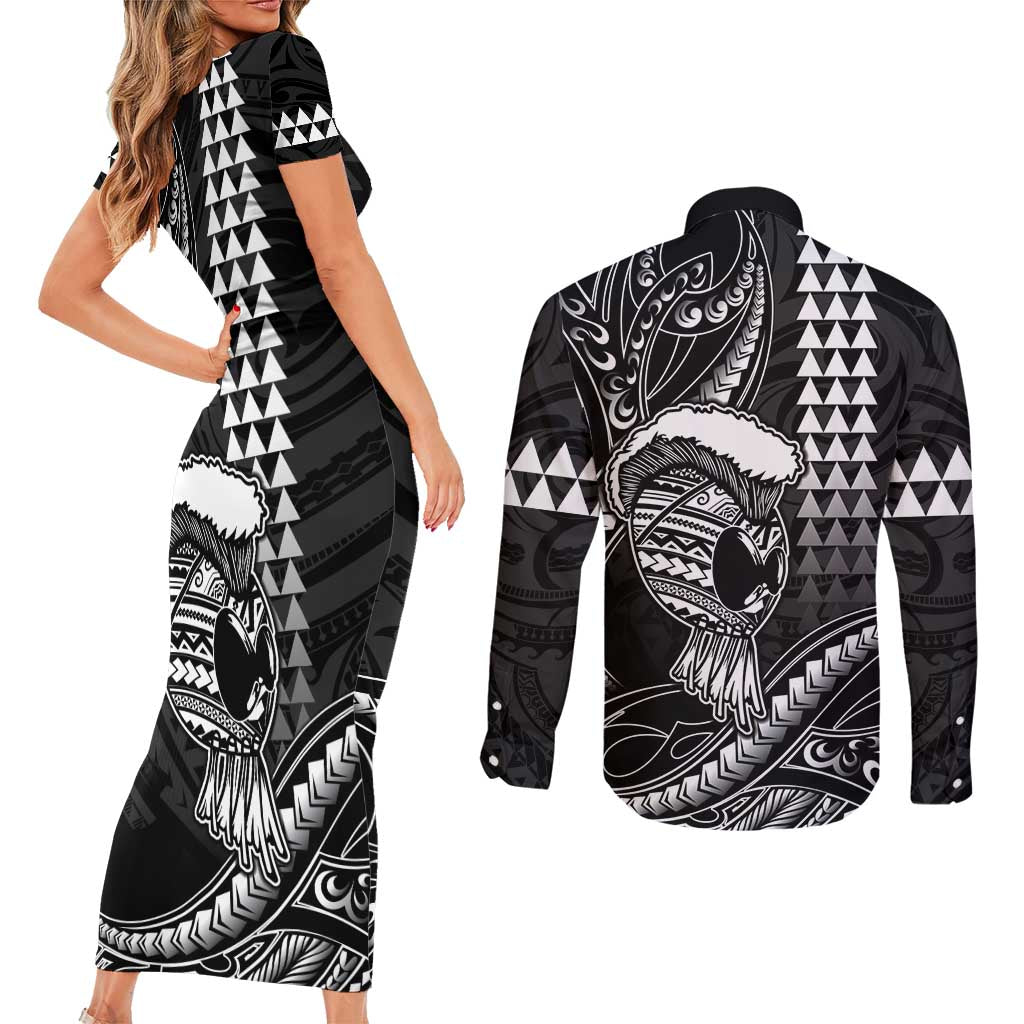 Hawaii Ikaika Warrior Helmet Couples Matching Short Sleeve Bodycon Dress and Long Sleeve Button Shirt Black Tribal Tattoo