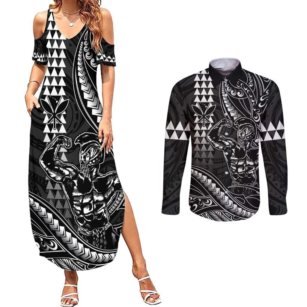 Hawaii Ikaika Warrior Helmet Couples Matching Summer Maxi Dress and Long Sleeve Button Shirt Black Tribal Tattoo