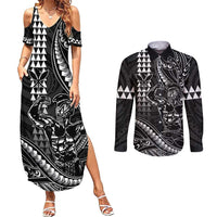 Hawaii Ikaika Warrior Helmet Couples Matching Summer Maxi Dress and Long Sleeve Button Shirt Black Tribal Tattoo