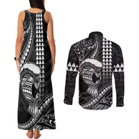 Hawaii Ikaika Warrior Helmet Couples Matching Tank Maxi Dress and Long Sleeve Button Shirt Black Tribal Tattoo