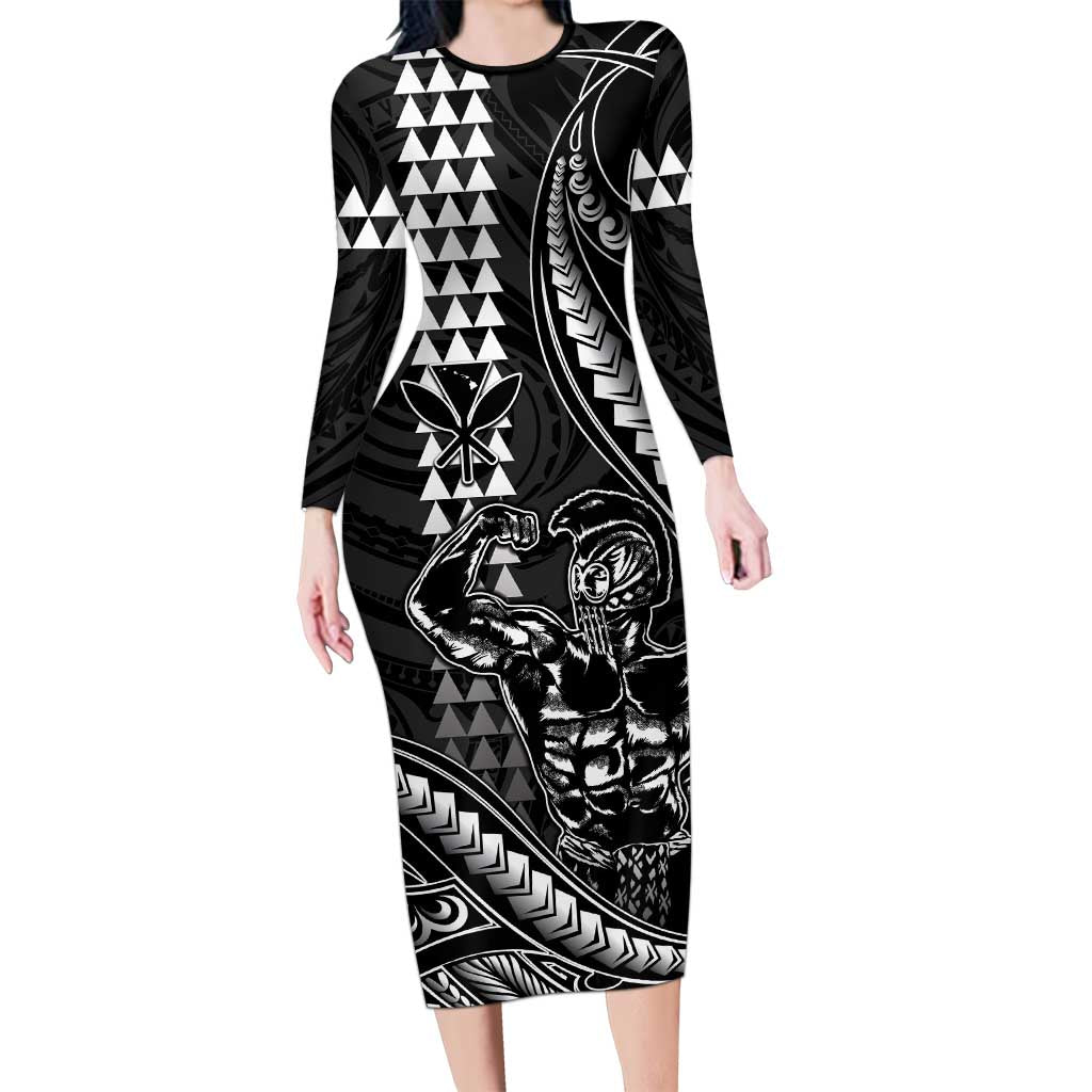 Hawaii Ikaika Warrior Helmet Long Sleeve Bodycon Dress Black Tribal Tattoo