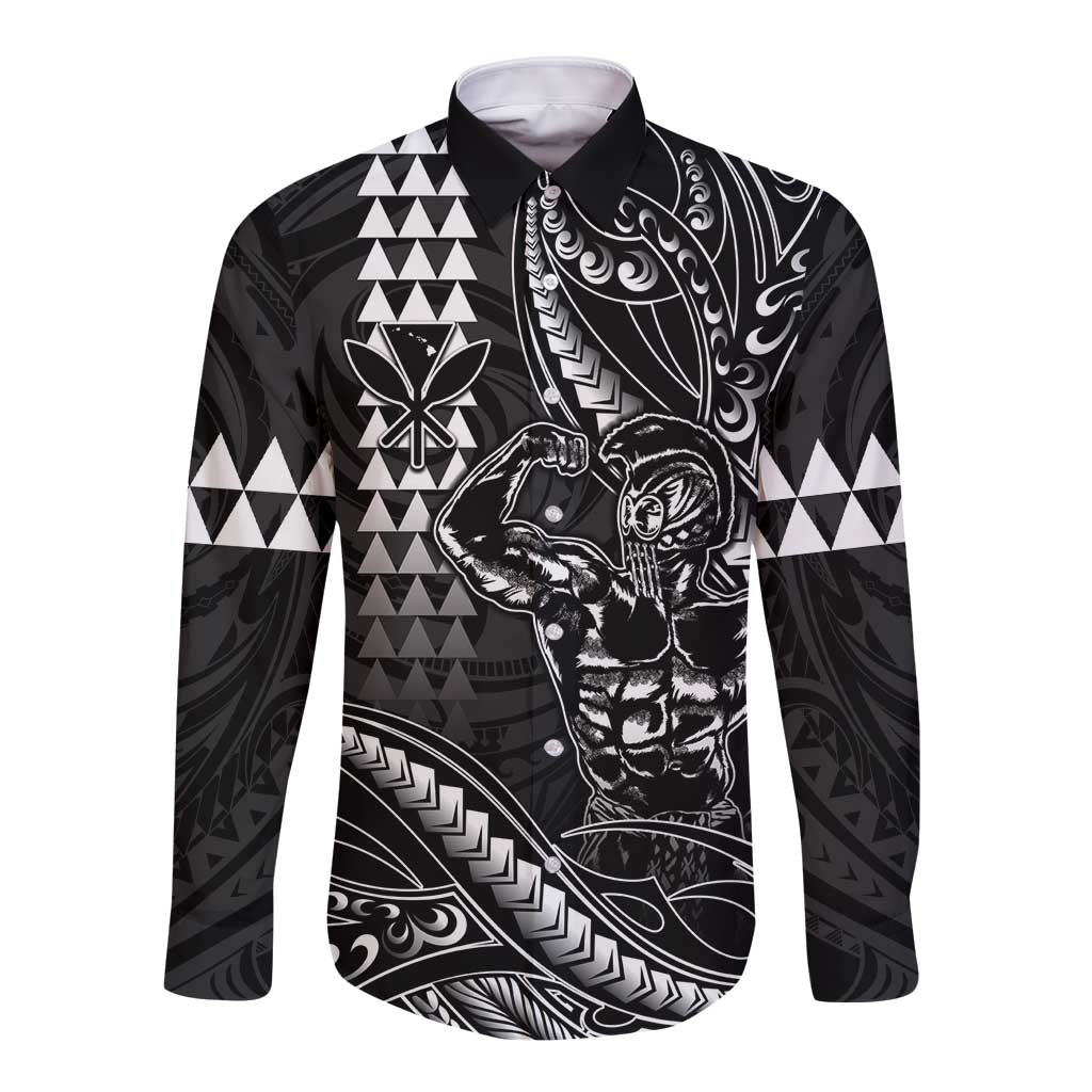 Hawaii Ikaika Warrior Helmet Long Sleeve Button Shirt Black Tribal Tattoo