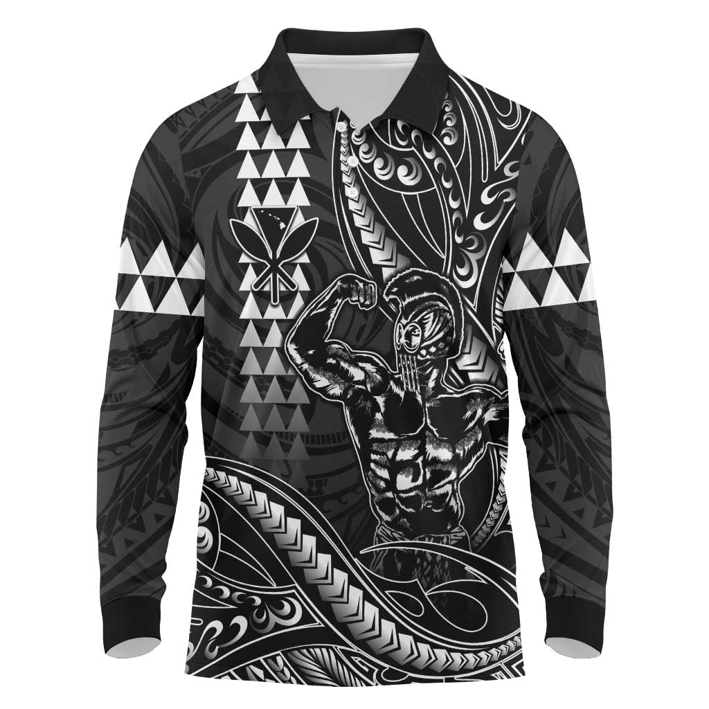Hawaii Ikaika Warrior Helmet Long Sleeve Polo Shirt Black Tribal Tattoo