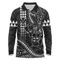 Hawaii Ikaika Warrior Helmet Long Sleeve Polo Shirt Black Tribal Tattoo