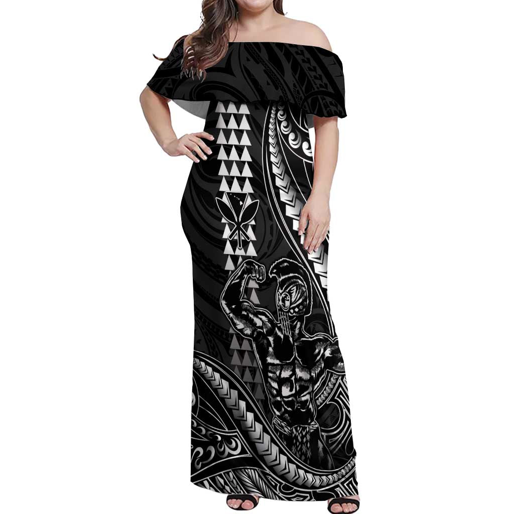 Hawaii Ikaika Warrior Helmet Off Shoulder Maxi Dress Black Tribal Tattoo