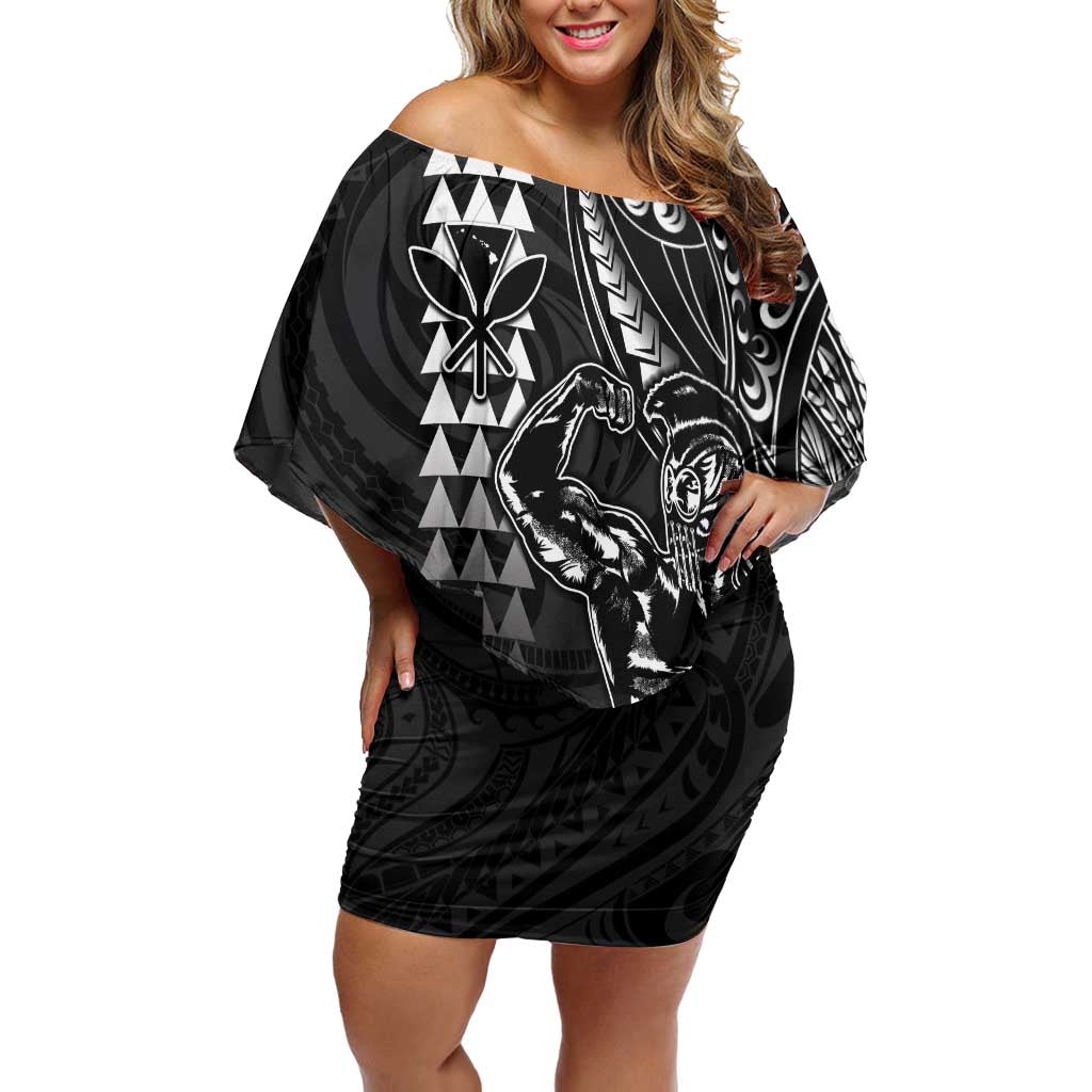 Hawaii Ikaika Warrior Helmet Off Shoulder Short Dress Black Tribal Tattoo