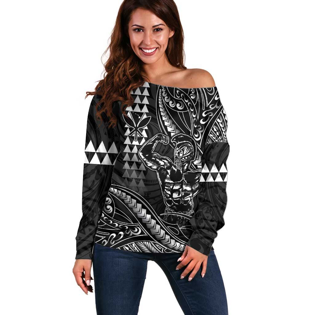 Hawaii Ikaika Warrior Helmet Off Shoulder Sweater Black Tribal Tattoo