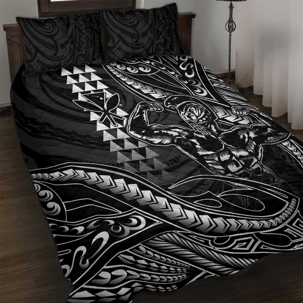 Hawaii Ikaika Warrior Helmet Quilt Bed Set Black Tribal Tattoo