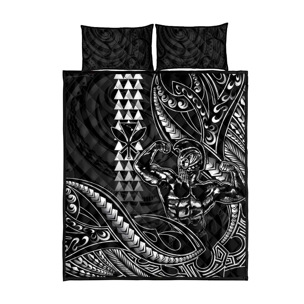 Hawaii Ikaika Warrior Helmet Quilt Bed Set Black Tribal Tattoo