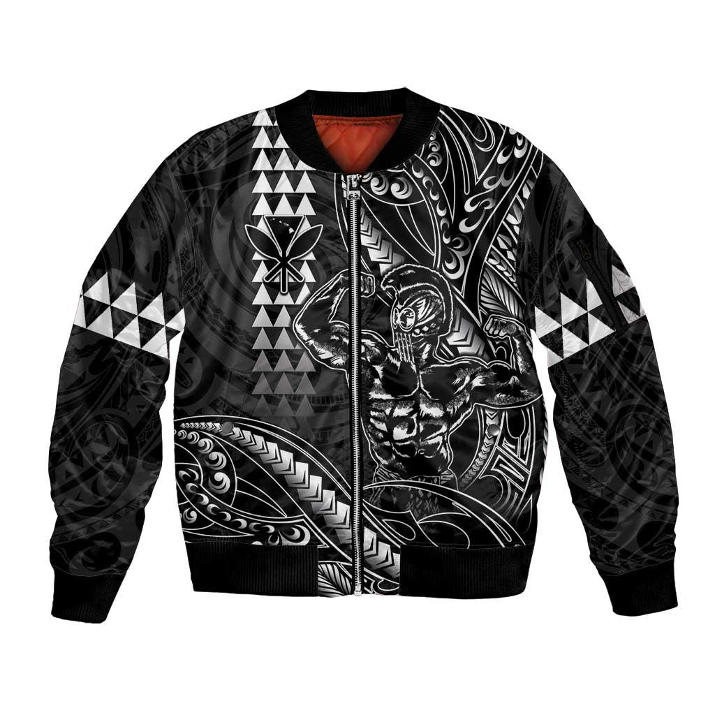 Hawaii Ikaika Warrior Helmet Sleeve Zip Bomber Jacket Black Tribal Tattoo