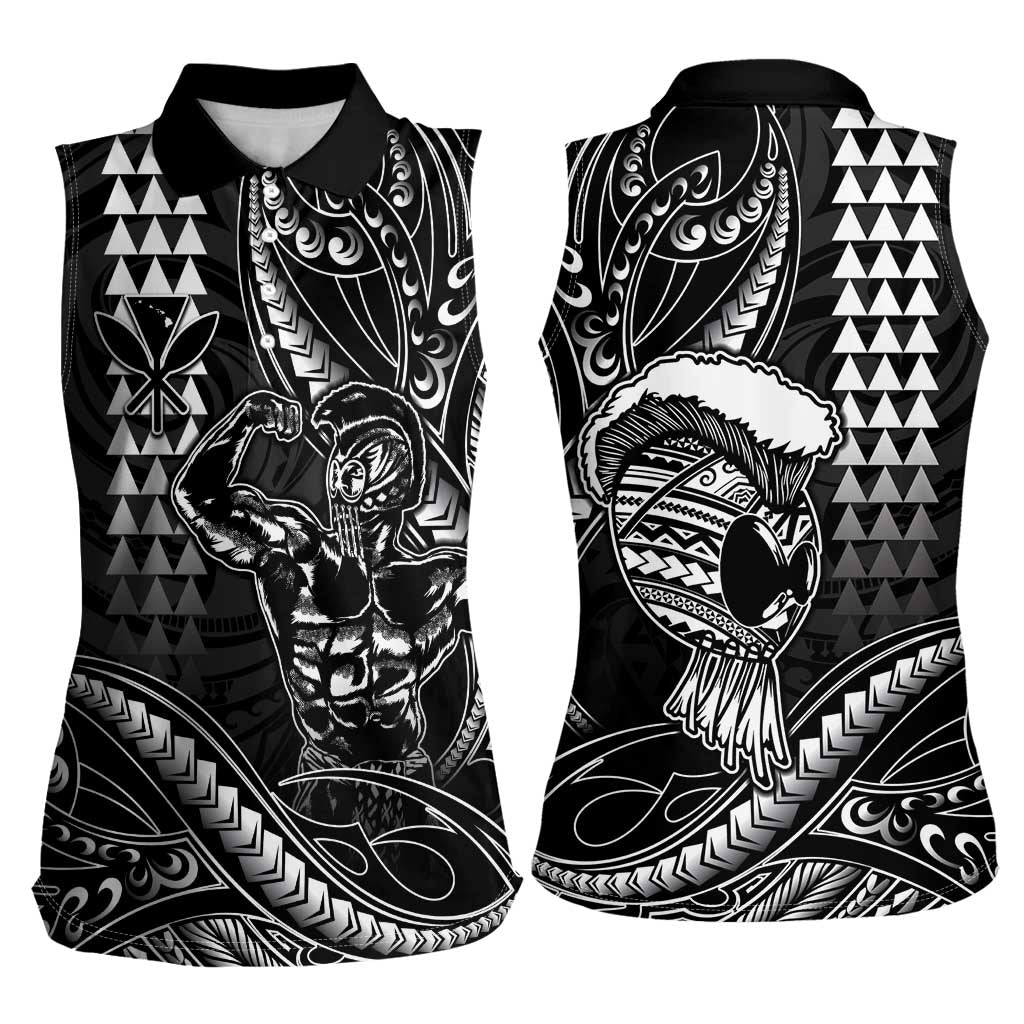 Hawaii Ikaika Warrior Helmet Women Sleeveless Polo Shirt Black Tribal Tattoo