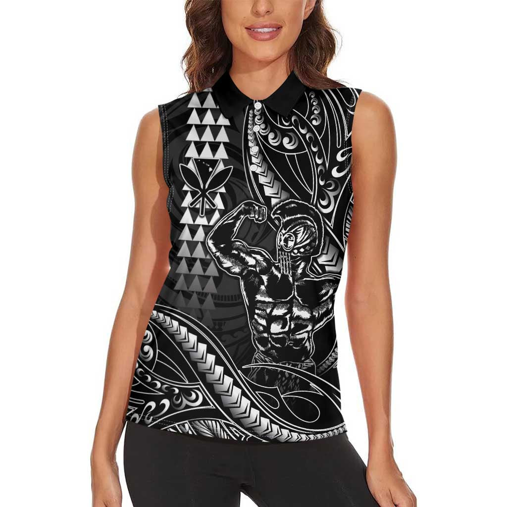Hawaii Ikaika Warrior Helmet Women Sleeveless Polo Shirt Black Tribal Tattoo