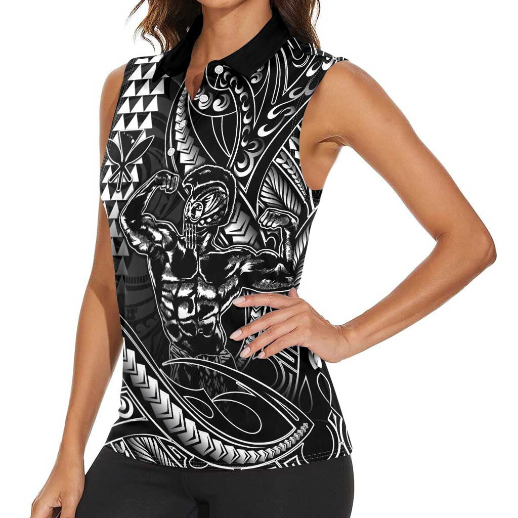 Hawaii Ikaika Warrior Helmet Women Sleeveless Polo Shirt Black Tribal Tattoo