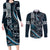 Hawaii Ikaika Warrior Helmet Couples Matching Long Sleeve Bodycon Dress and Long Sleeve Button Shirt Blue Tribal Tattoo