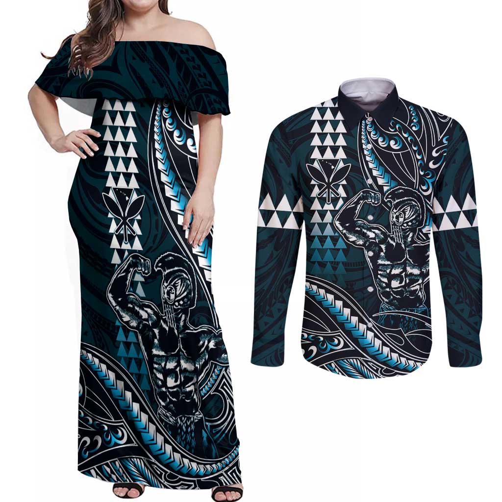 Hawaii Ikaika Warrior Helmet Couples Matching Off Shoulder Maxi Dress and Long Sleeve Button Shirt Blue Tribal Tattoo