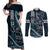 Hawaii Ikaika Warrior Helmet Couples Matching Off Shoulder Maxi Dress and Long Sleeve Button Shirt Blue Tribal Tattoo